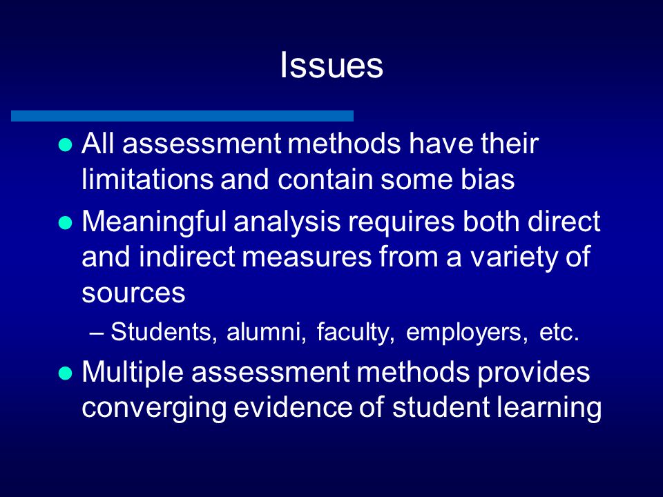 Issues All assessment methods have their limitations and contain some bias.