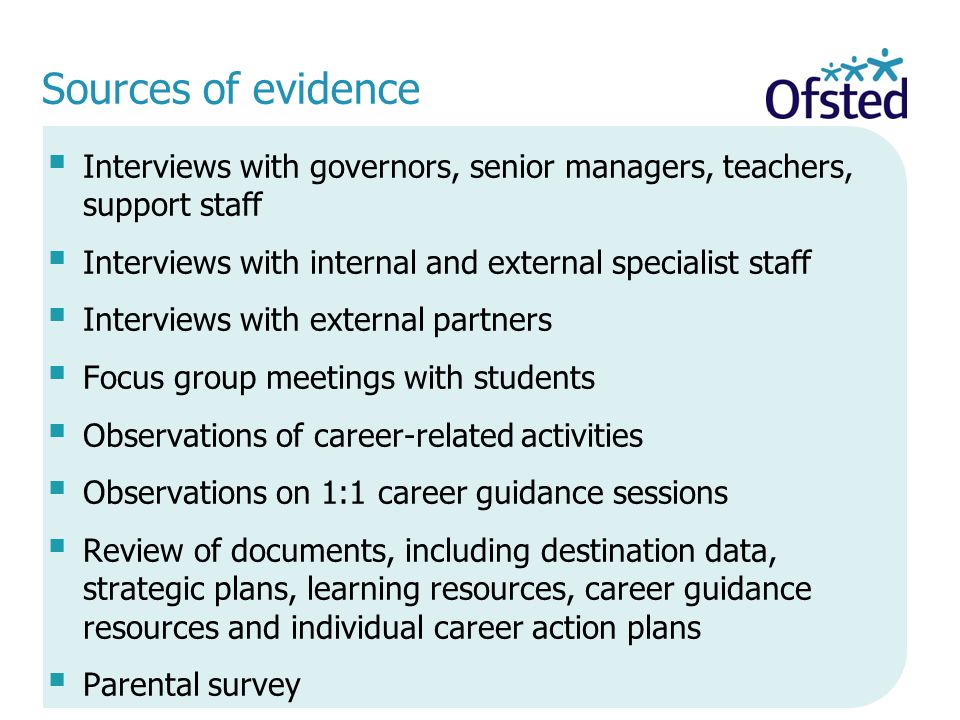 Sources of evidence Interviews with governors, senior managers, teachers, support staff. Interviews with internal and external specialist staff.