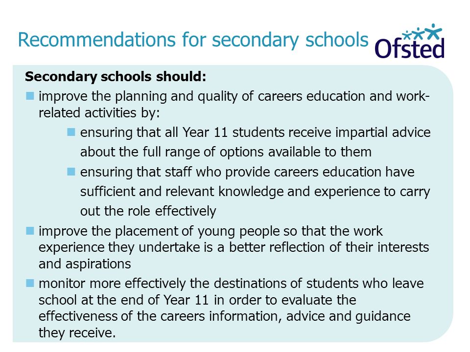 Recommendations for secondary schools