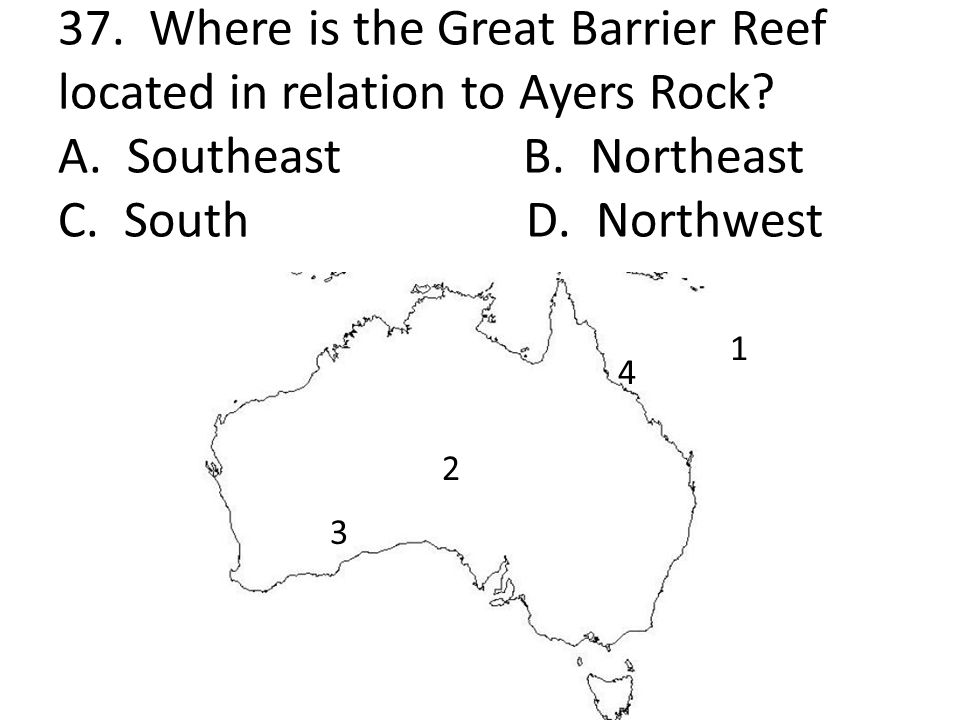37. Where is the Great Barrier Reef located in relation to Ayers Rock