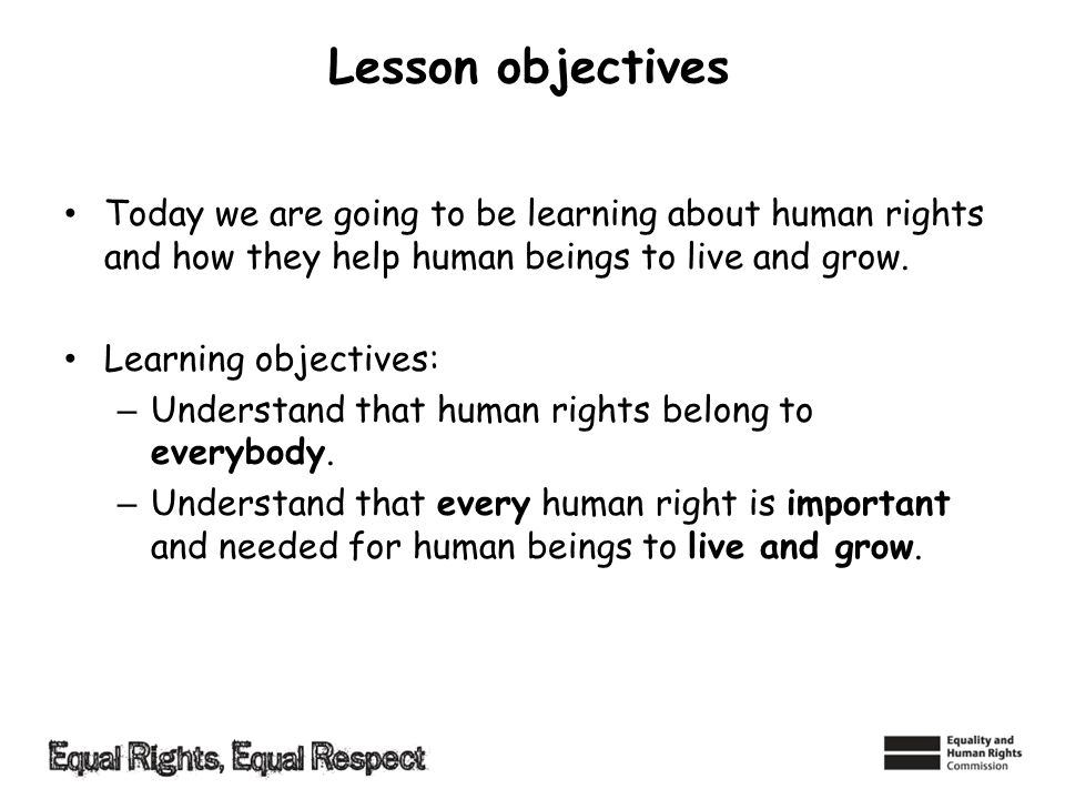 Lesson objectives Today we are going to be learning about human rights and how they help human beings to live and grow.