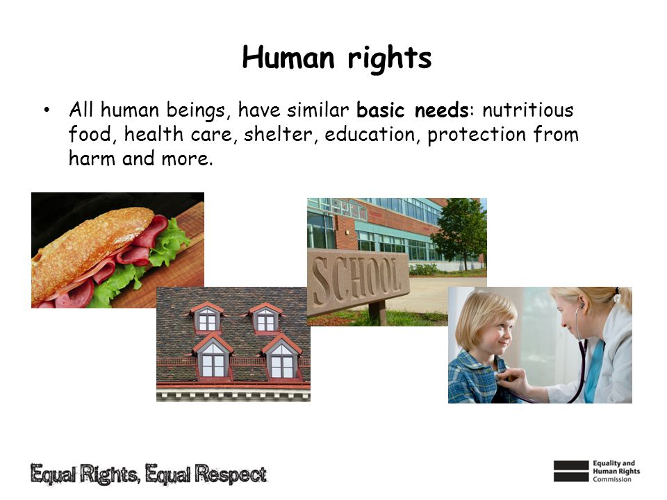 Human rights All human beings, have similar basic needs: nutritious food, health care, shelter, education, protection from harm and more.