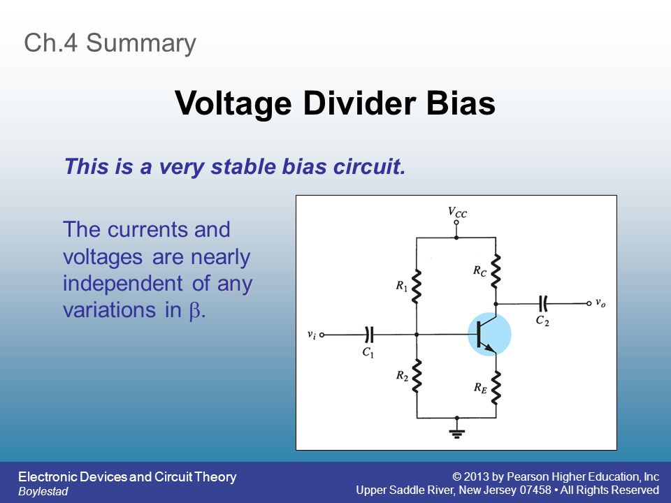 Voltage Divider Bias Ch.4 Summary This is a very stable bias circuit.