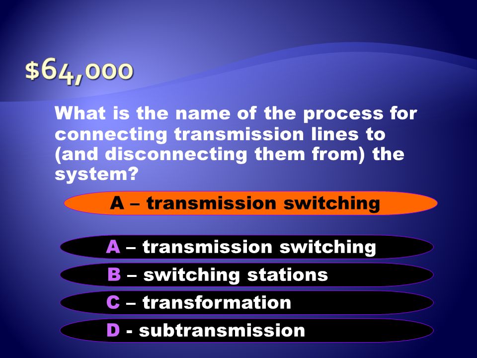 $64,000 What is the name of the process for connecting transmission lines to (and disconnecting them from) the system