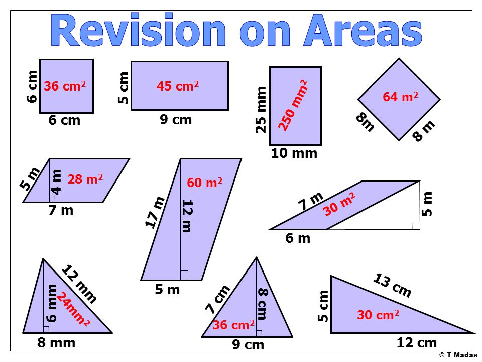 Revision on Areas 6 cm 5 cm 25 mm 6 cm 9 cm 8m 8 m 10 mm 5 m 4 m 7 m
