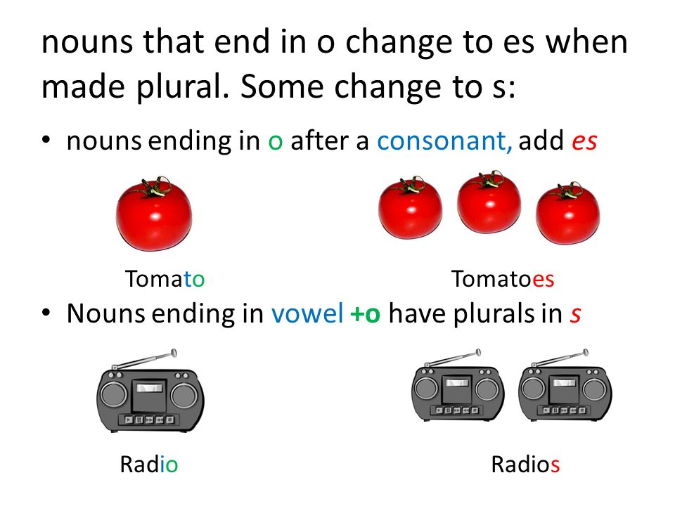 nouns that end in o change to es when made plural. Some change to s: