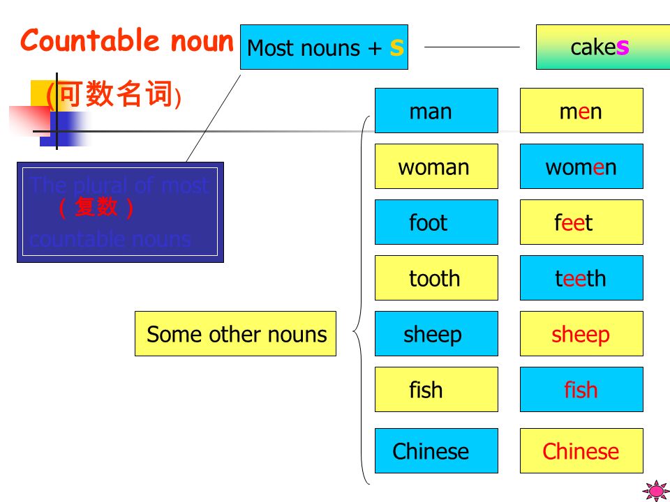 Countable noun (可数名词) Most nouns + S cakes Some other nouns man foot