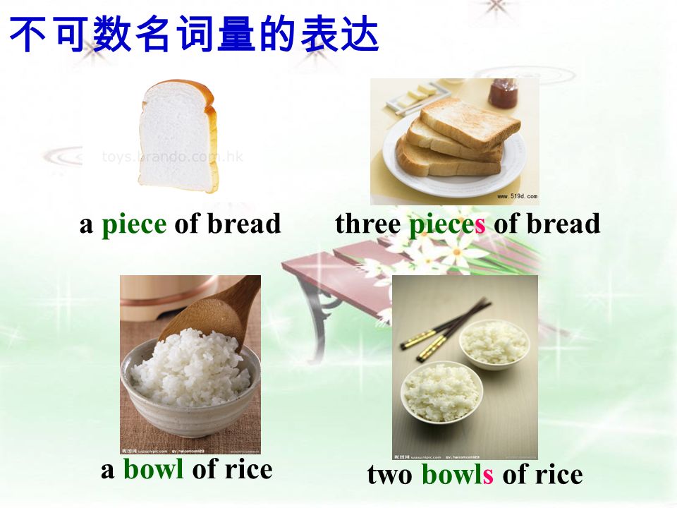 不可数名词量的表达 a piece of bread three pieces of bread a bowl of rice