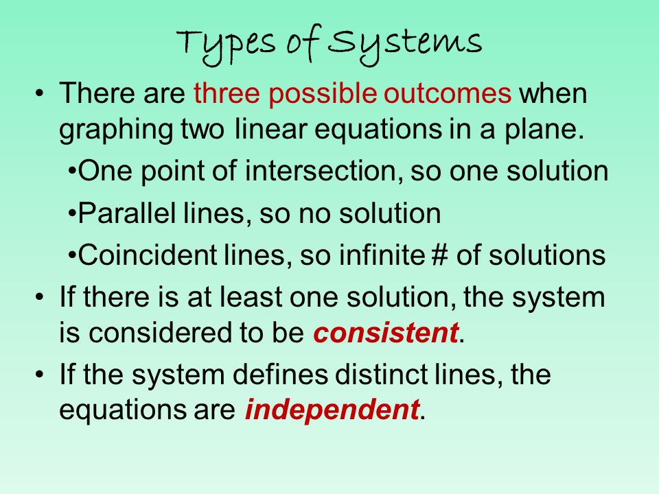 Types of Systems There are three possible outcomes when graphing two linear equations in a plane. One point of intersection, so one solution.