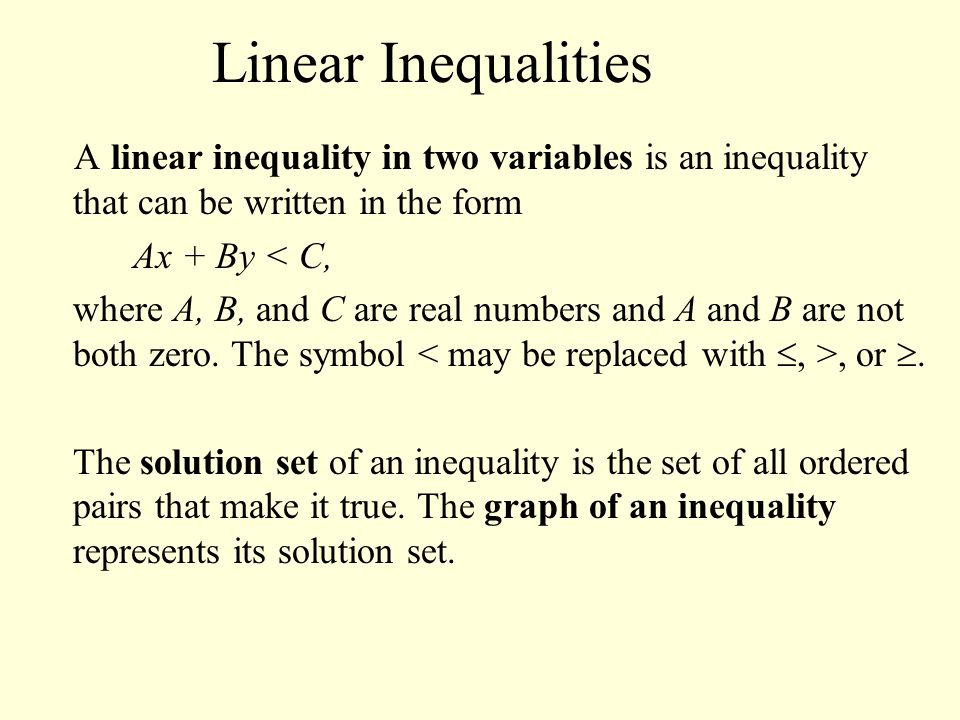 Linear Inequalities A linear inequality in two variables is an inequality that can be written in the form.