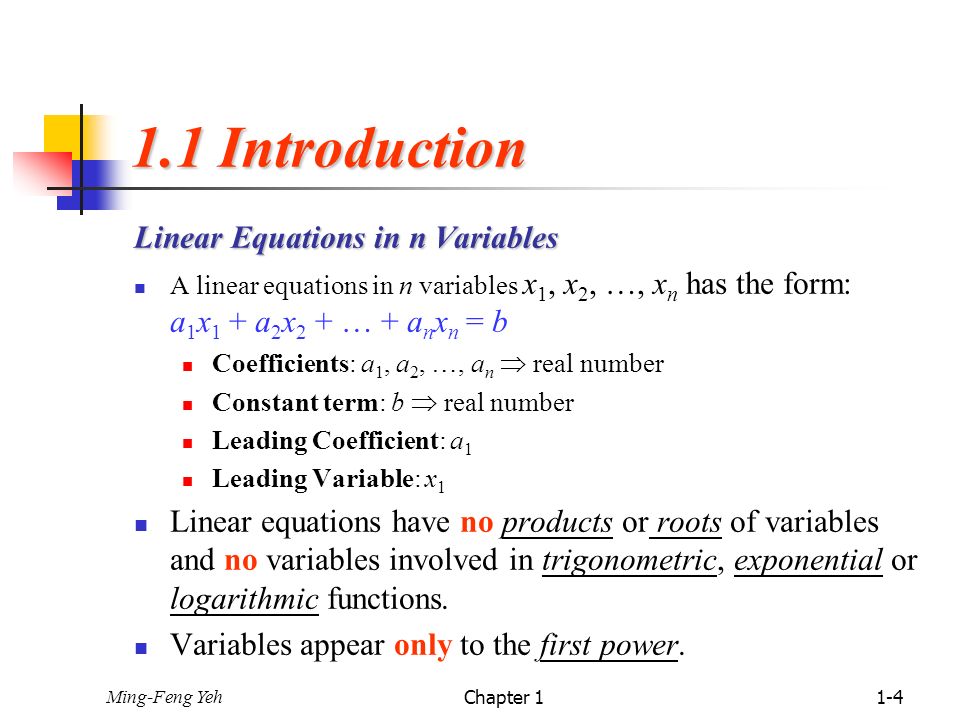 1.1 Introduction Linear Equations in n Variables