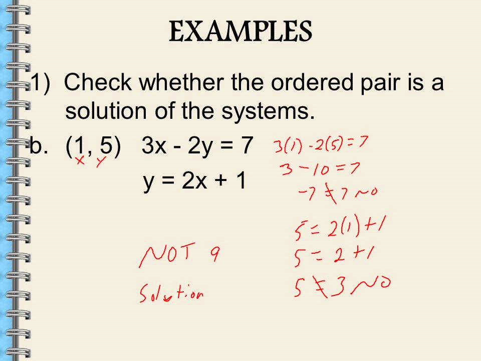 EXAMPLES 1) Check whether the ordered pair is a solution of the systems.