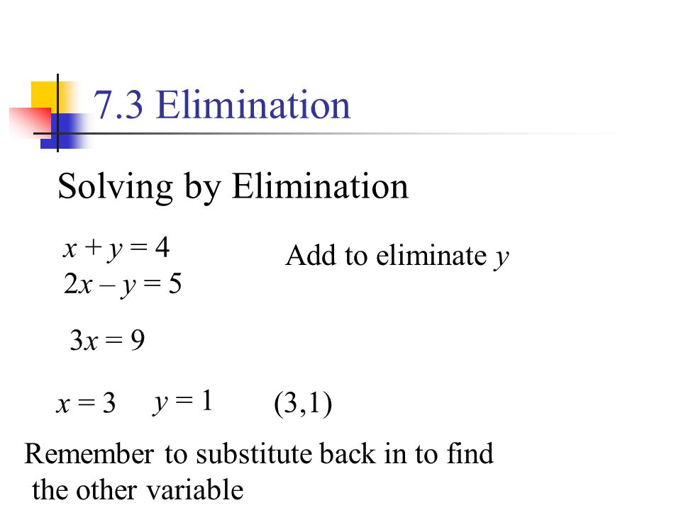 7.3 Elimination Solving by Elimination x + y = 4 2x – y = 5