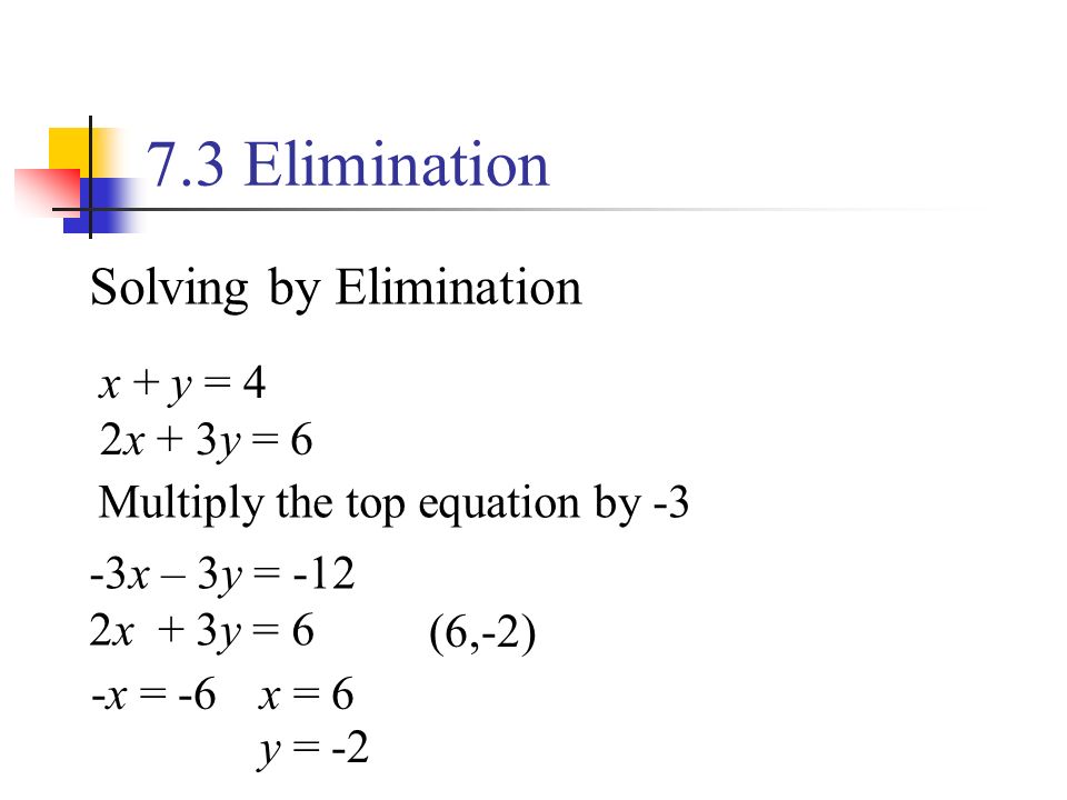 7.3 Elimination Solving by Elimination x + y = 4 2x + 3y = 6