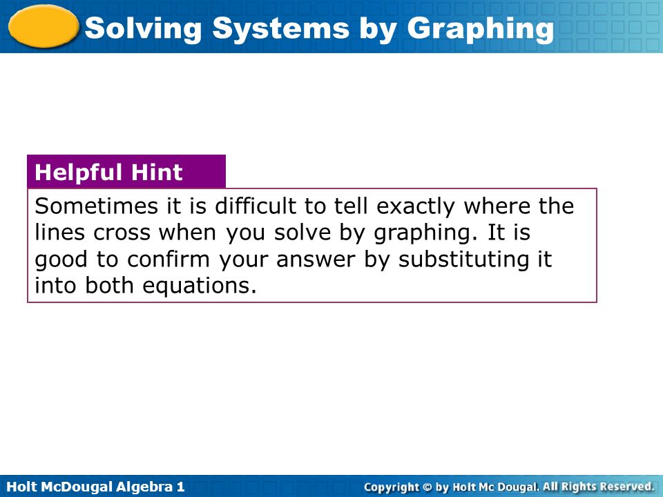 Sometimes it is difficult to tell exactly where the lines cross when you solve by graphing. It is good to confirm your answer by substituting it into both equations.