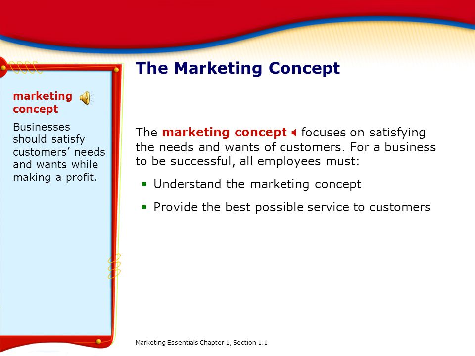 The Marketing Concept marketing concept. Businesses should satisfy customers’ needs and wants while making a profit.