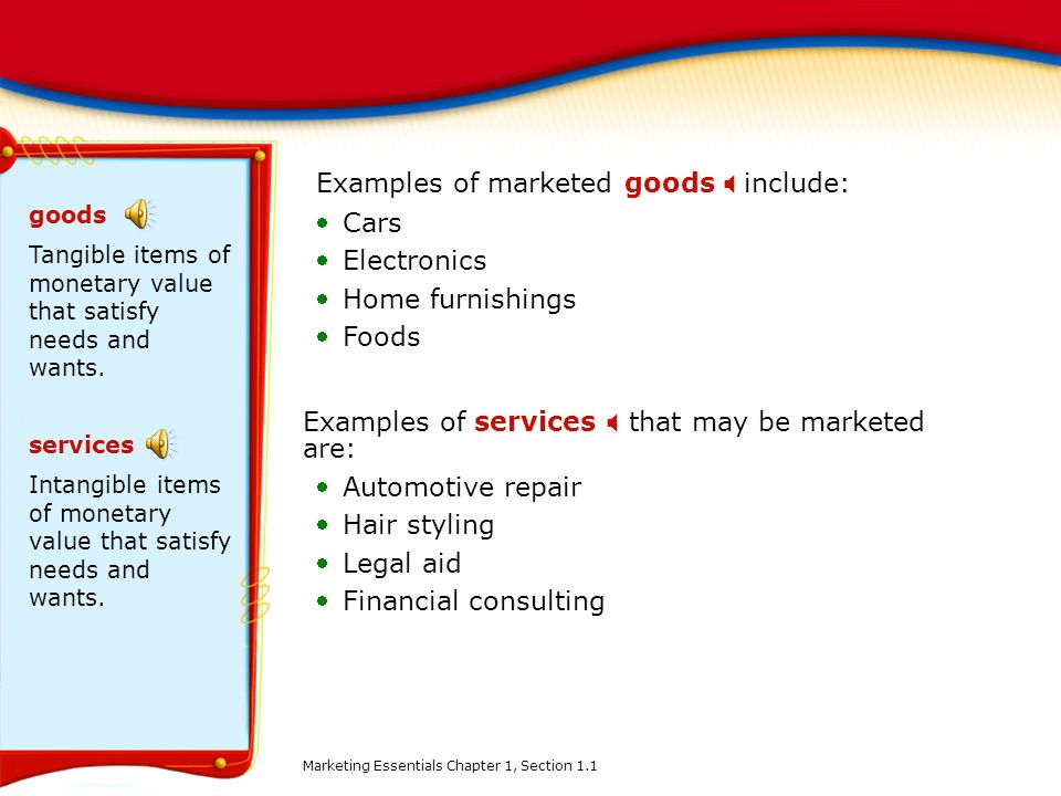 Examples of marketed goods X include: Cars Electronics
