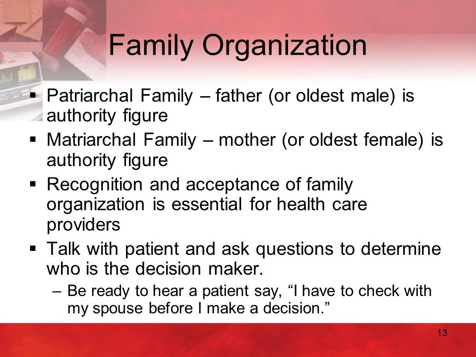 Family Organization Patriarchal Family – father (or oldest male) is authority figure.