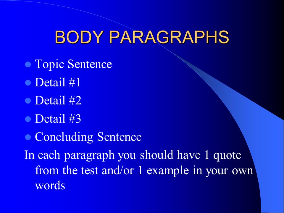 BODY PARAGRAPHS Topic Sentence Detail #1 Detail #2 Detail #3