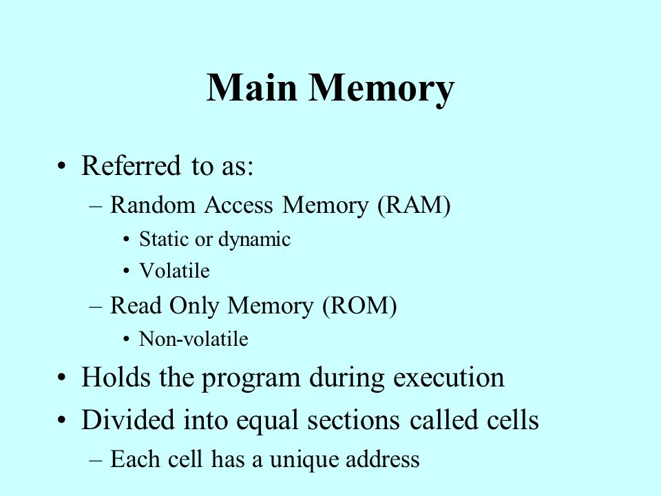 Main Memory Referred to as: Holds the program during execution