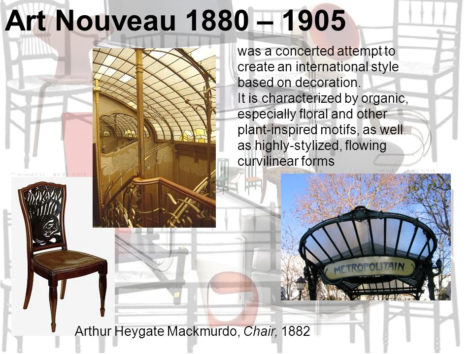 Art Nouveau 1880 – 1905 was a concerted attempt to create an international style based on decoration.