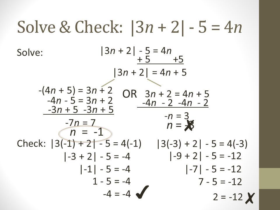 Solve & Check: |3n + 2| - 5 = 4n ✗ ✔ ✗ OR n = -3 n = -1