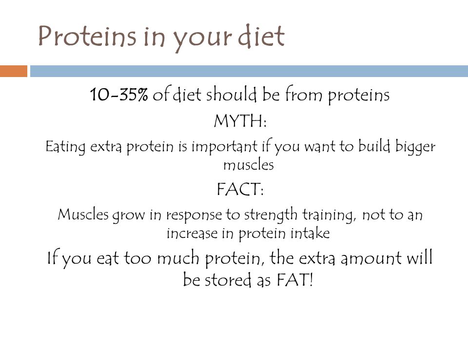Proteins in your diet 10-35% of diet should be from proteins MYTH: