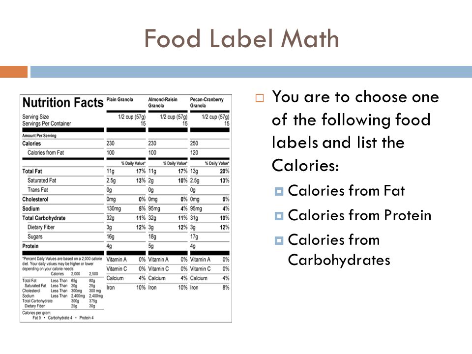 Food Label Math You are to choose one of the following food labels and list the Calories: Calories from Fat.