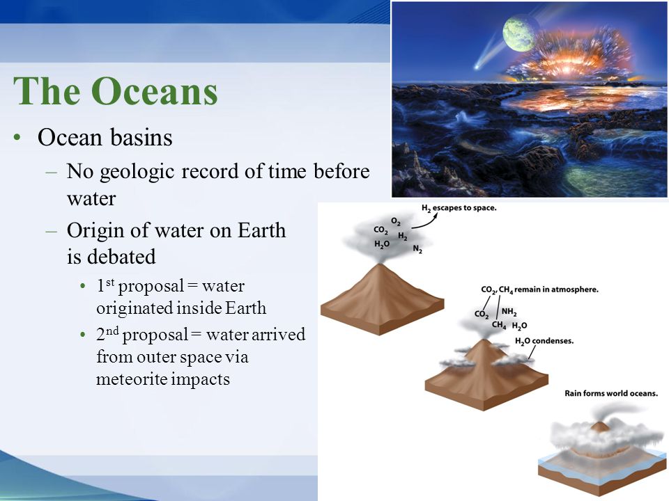 The Oceans Ocean basins No geologic record of time before water