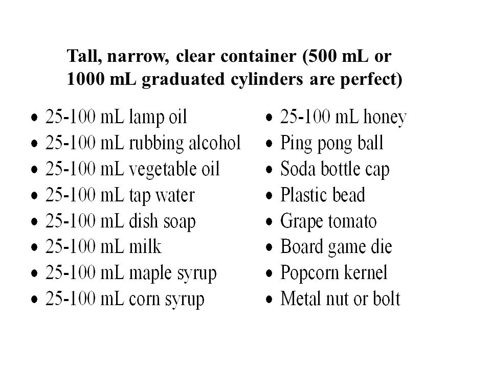 Tall, narrow, clear container (500 mL or 1000 mL graduated cylinders are perfect)