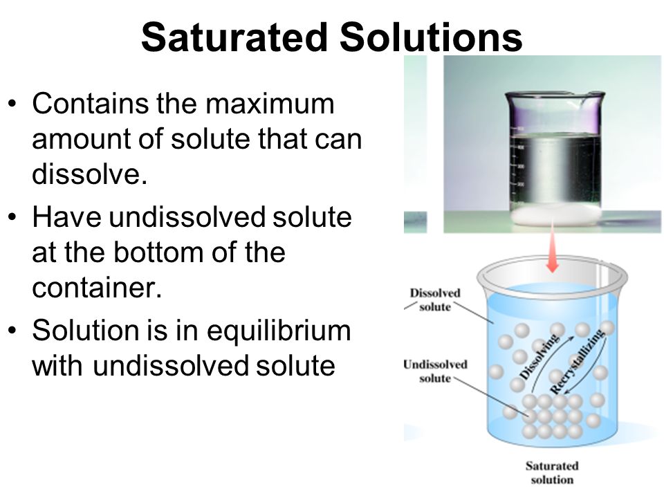 Saturated Solutions Contains the maximum amount of solute that can dissolve. Have undissolved solute at the bottom of the container.