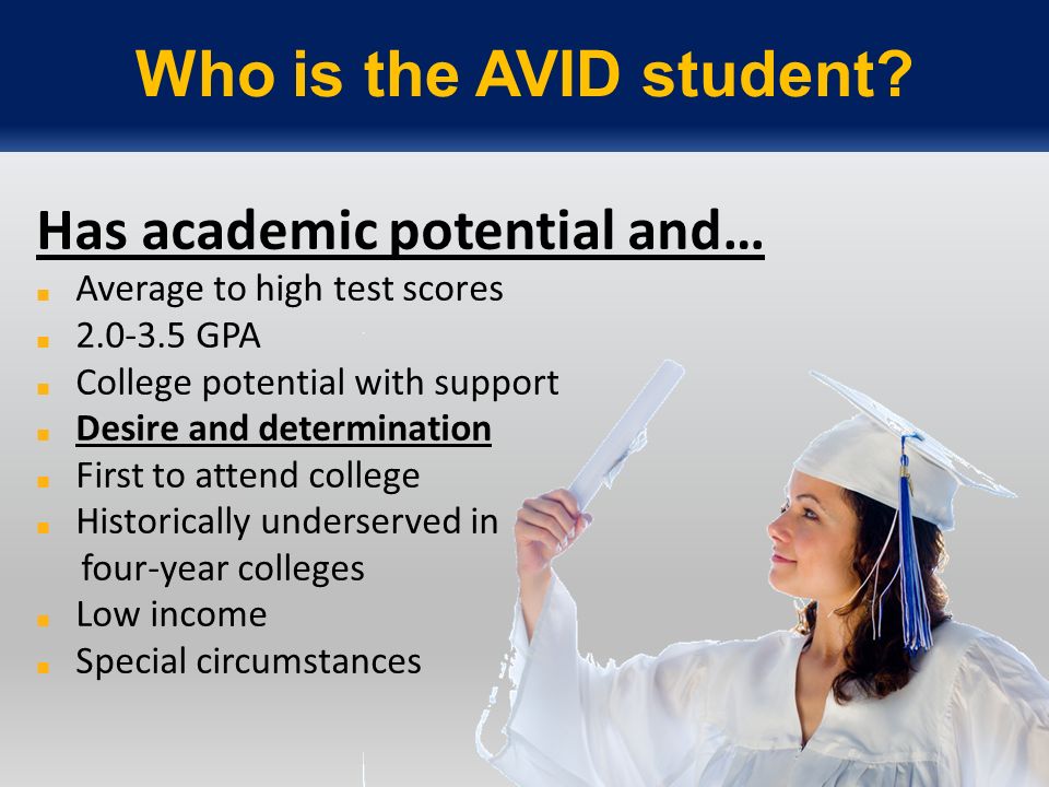 Who is the AVID student Has academic potential and…