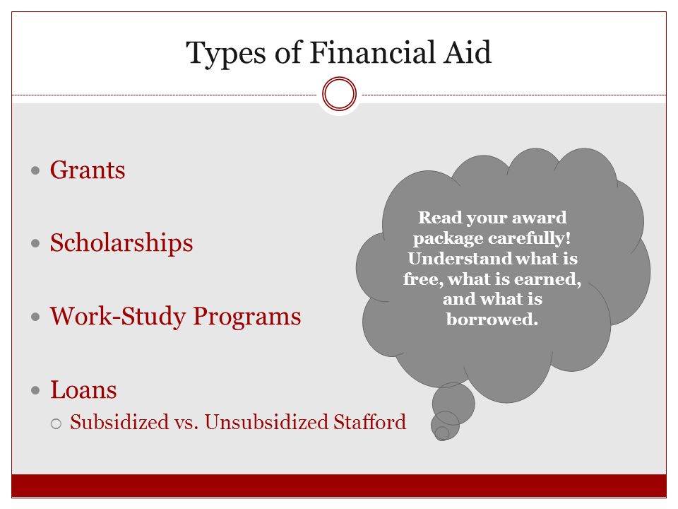 Types of Financial Aid Grants Scholarships Work-Study Programs Loans