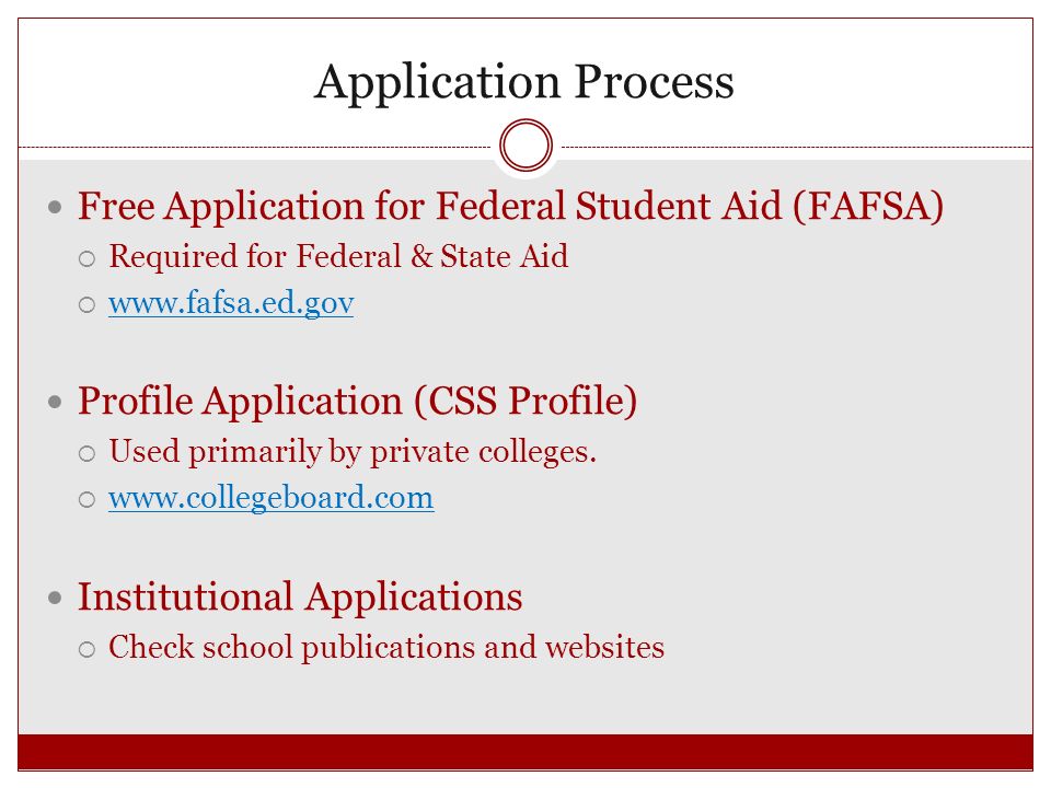 Application Process Free Application for Federal Student Aid (FAFSA)