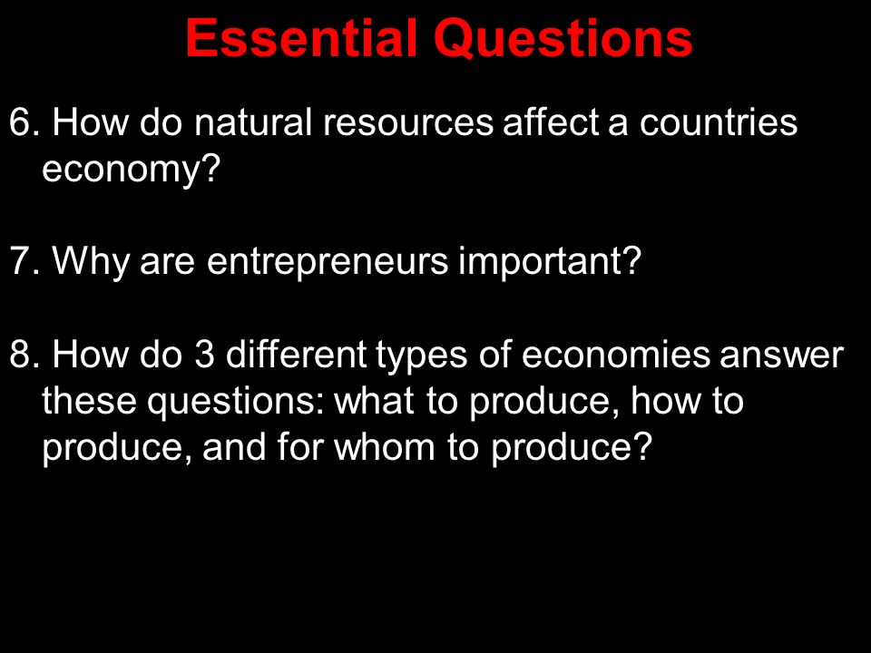 Essential Questions 6. How do natural resources affect a countries economy 7. Why are entrepreneurs important