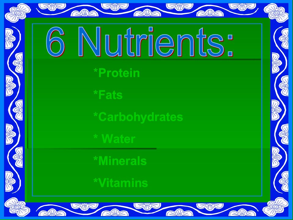 6 Nutrients: *Protein *Fats *Carbohydrates * Water *Minerals *Vitamins