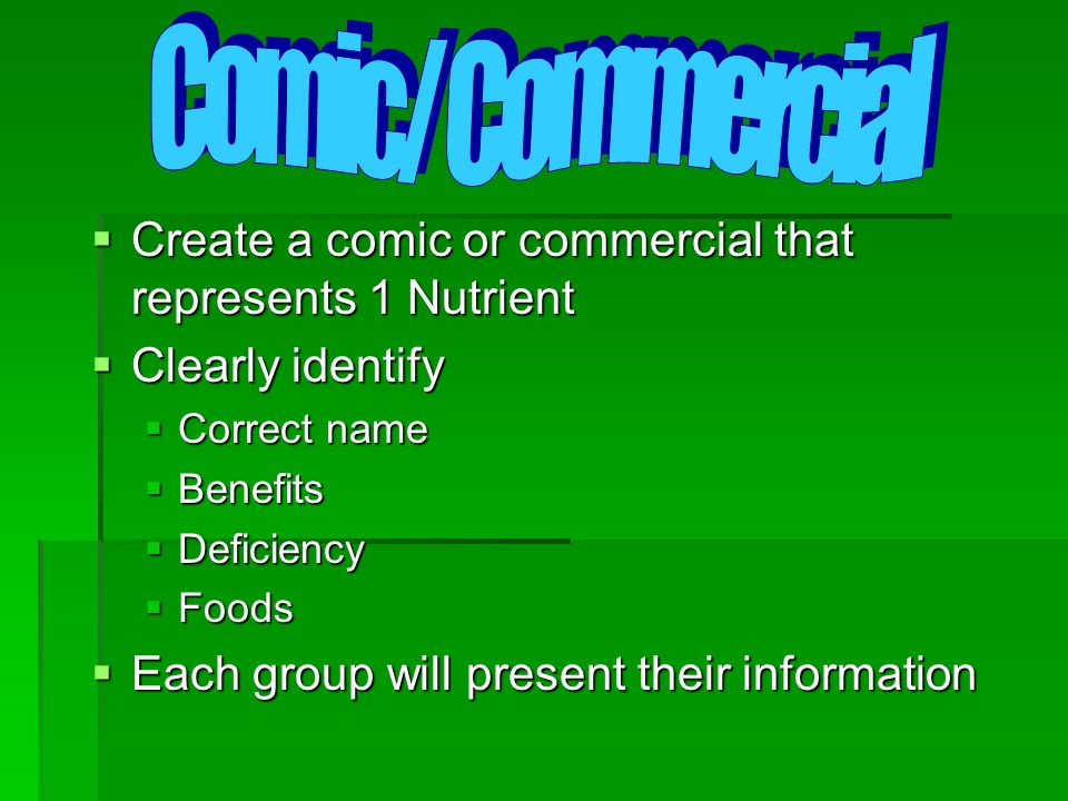 Comic/ Commercial Create a comic or commercial that represents 1 Nutrient. Clearly identify. Correct name.