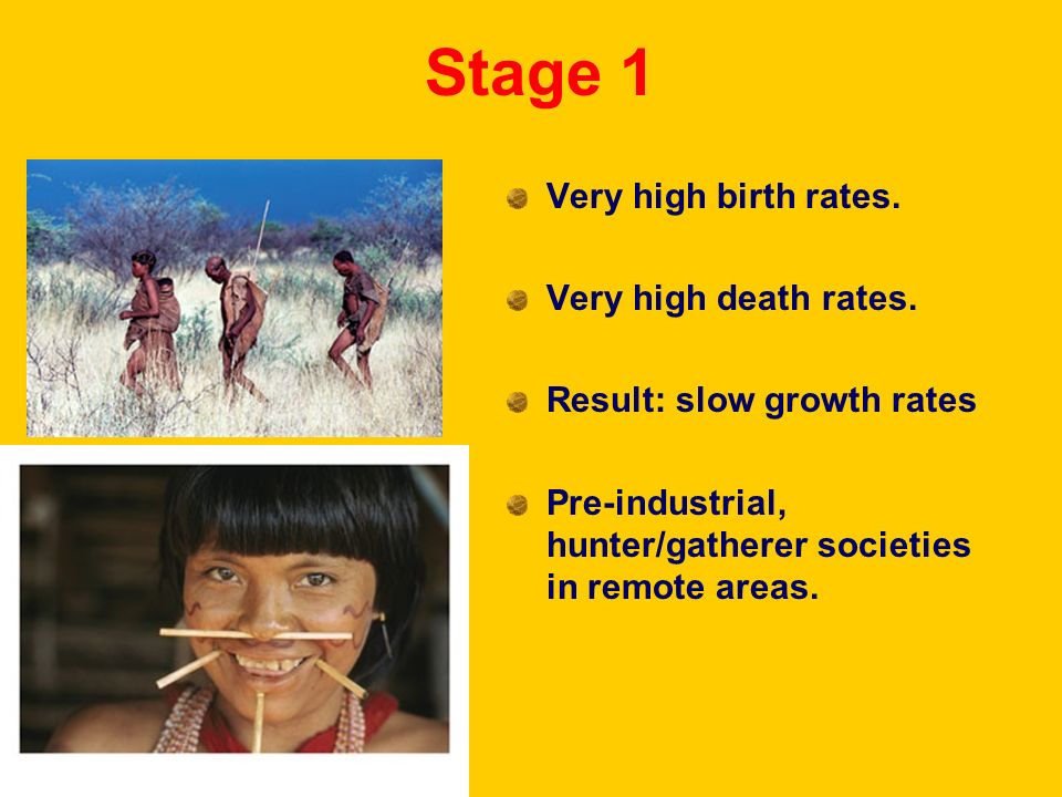 Stage 1 Very high birth rates. Very high death rates.