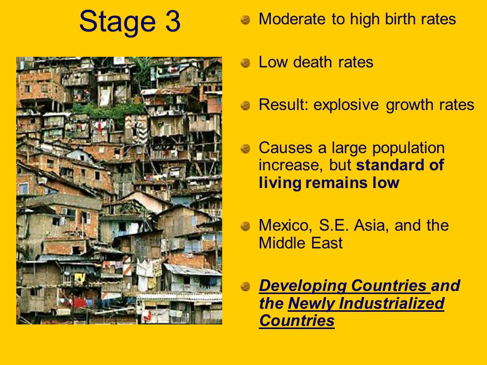 Stage 3 Moderate to high birth rates Low death rates