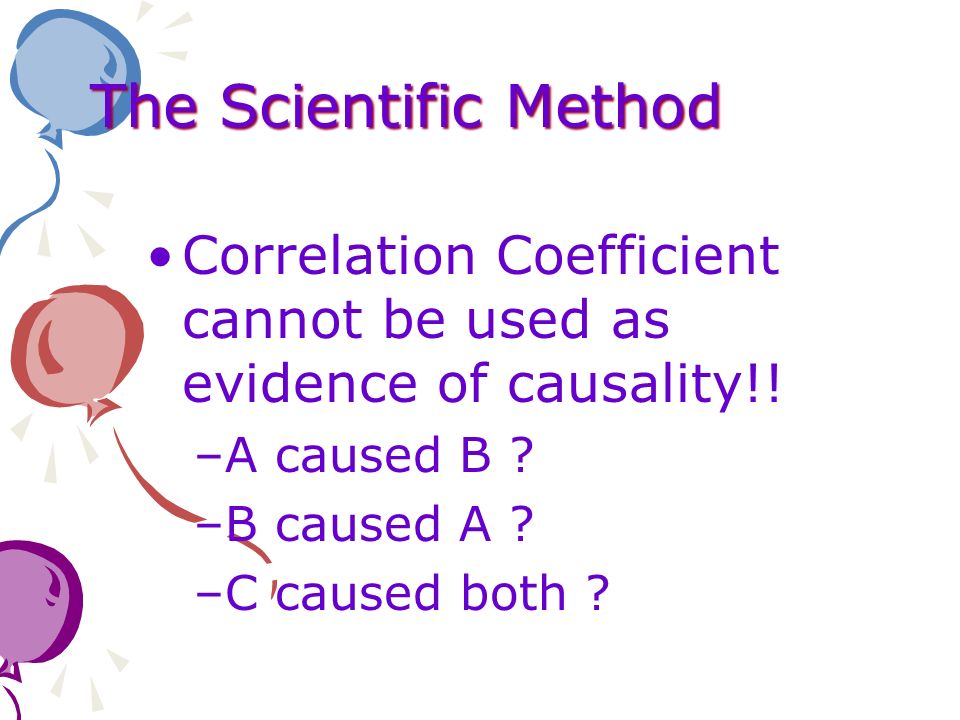 The Scientific Method Correlation Coefficient cannot be used as evidence of causality!! A caused B