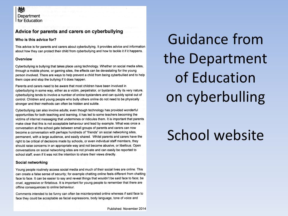 Guidance from the Department of Education on cyberbulling School website