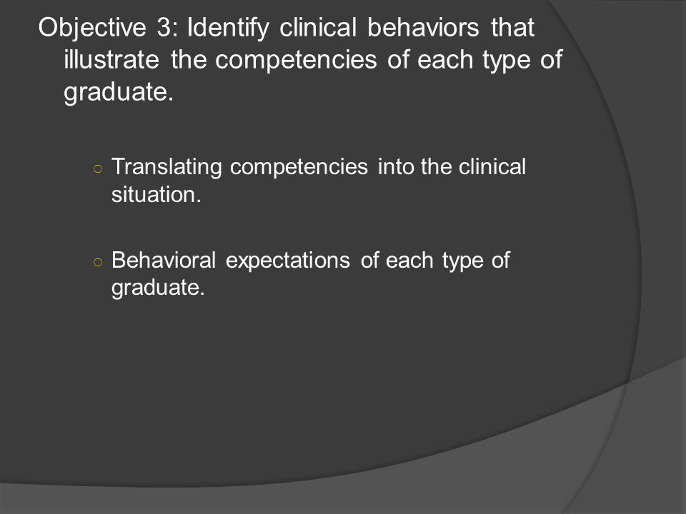 Objective 3: Identify clinical behaviors that illustrate the competencies of each type of graduate.