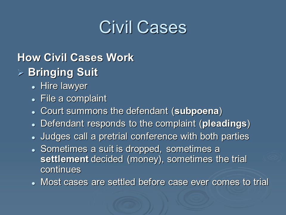 Civil Cases How Civil Cases Work Bringing Suit Hire lawyer