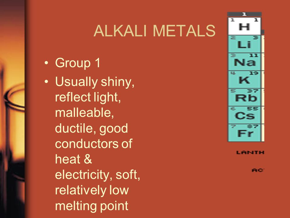 ALKALI METALS Group 1. Usually shiny, reflect light, malleable, ductile, good conductors of heat & electricity, soft, relatively low melting point.