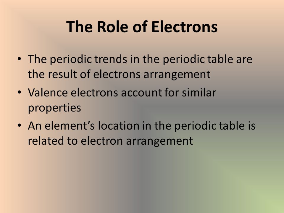 The Role of Electrons The periodic trends in the periodic table are the result of electrons arrangement.