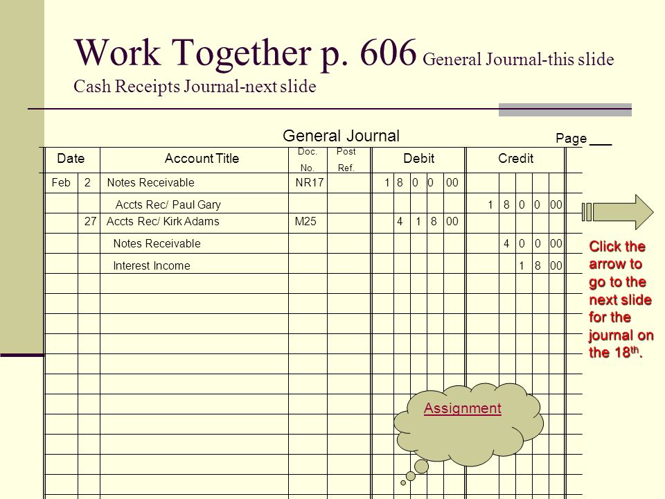 Work Together p. 606 General Journal-this slide Cash Receipts Journal-next slide