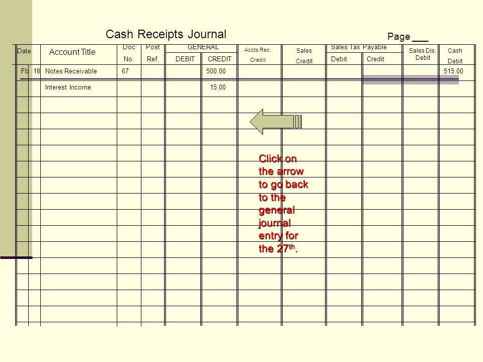Cash Receipts Journal Page ___. Date. Account Title. Post. Ref. GENERAL. DEBIT. CREDIT. Accts Rec.
