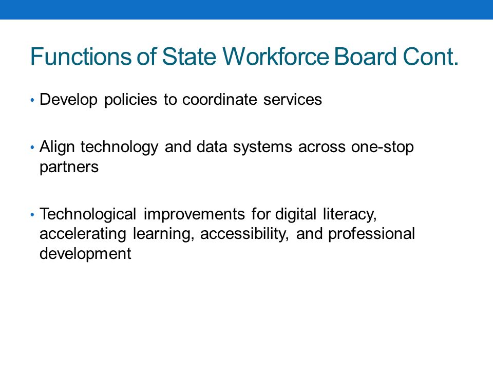 Functions of State Workforce Board Cont.