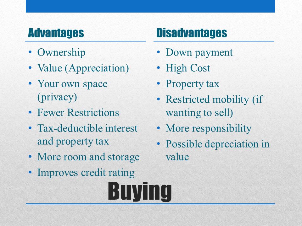 Buying Advantages Disadvantages Ownership Value (Appreciation)