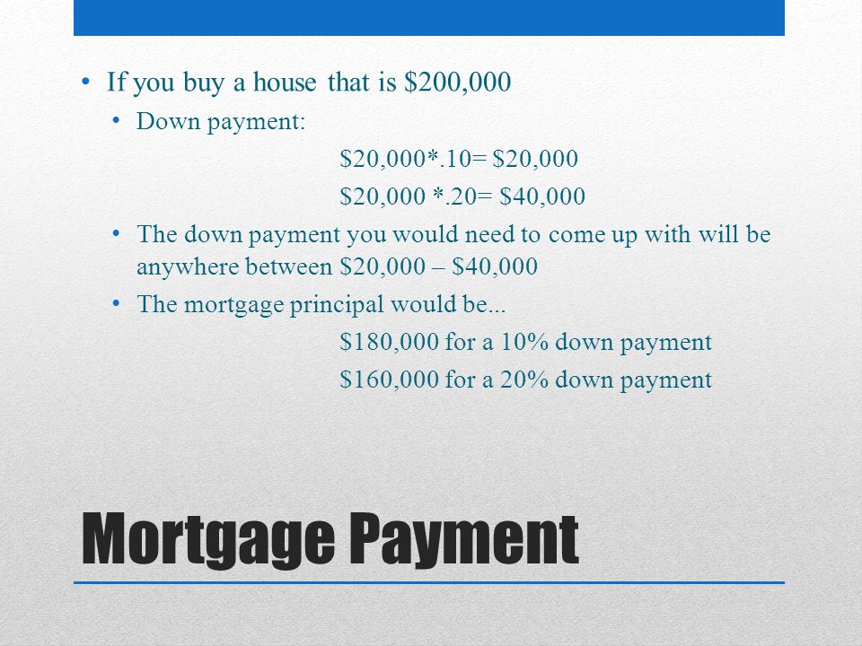 Mortgage Payment If you buy a house that is $200,000 Down payment: